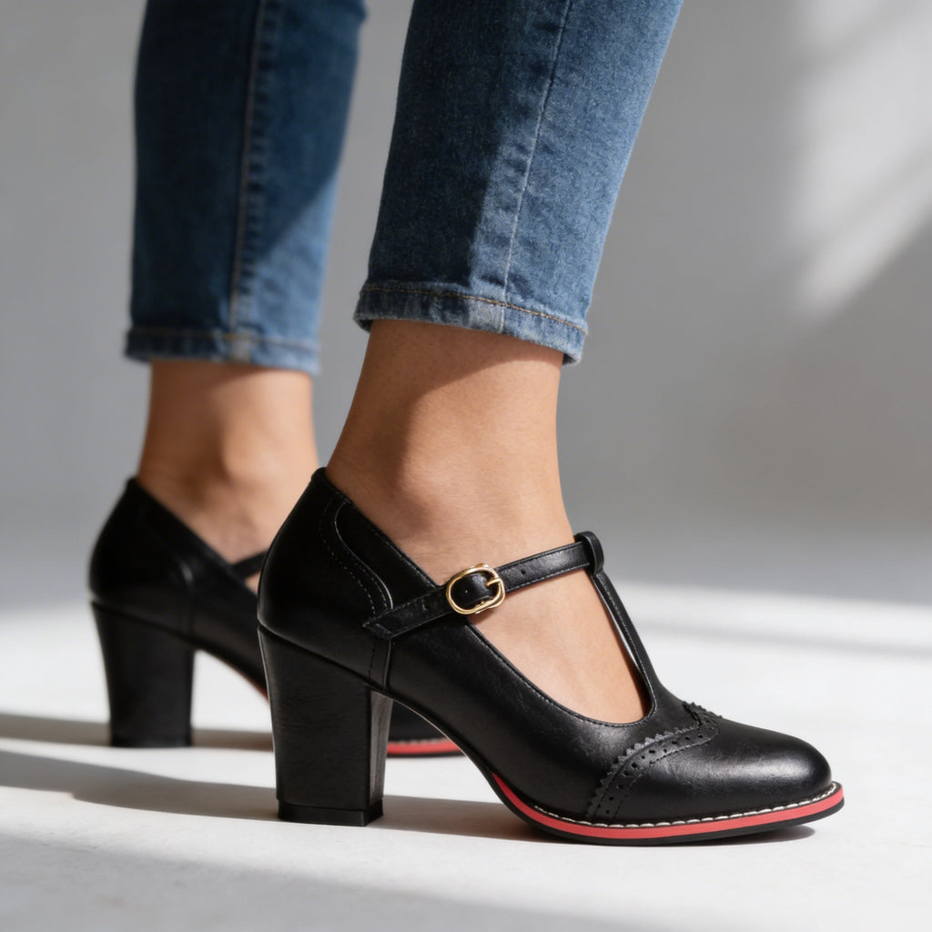 Abigail | Women Brogue T Strap Loafers With Block Heel