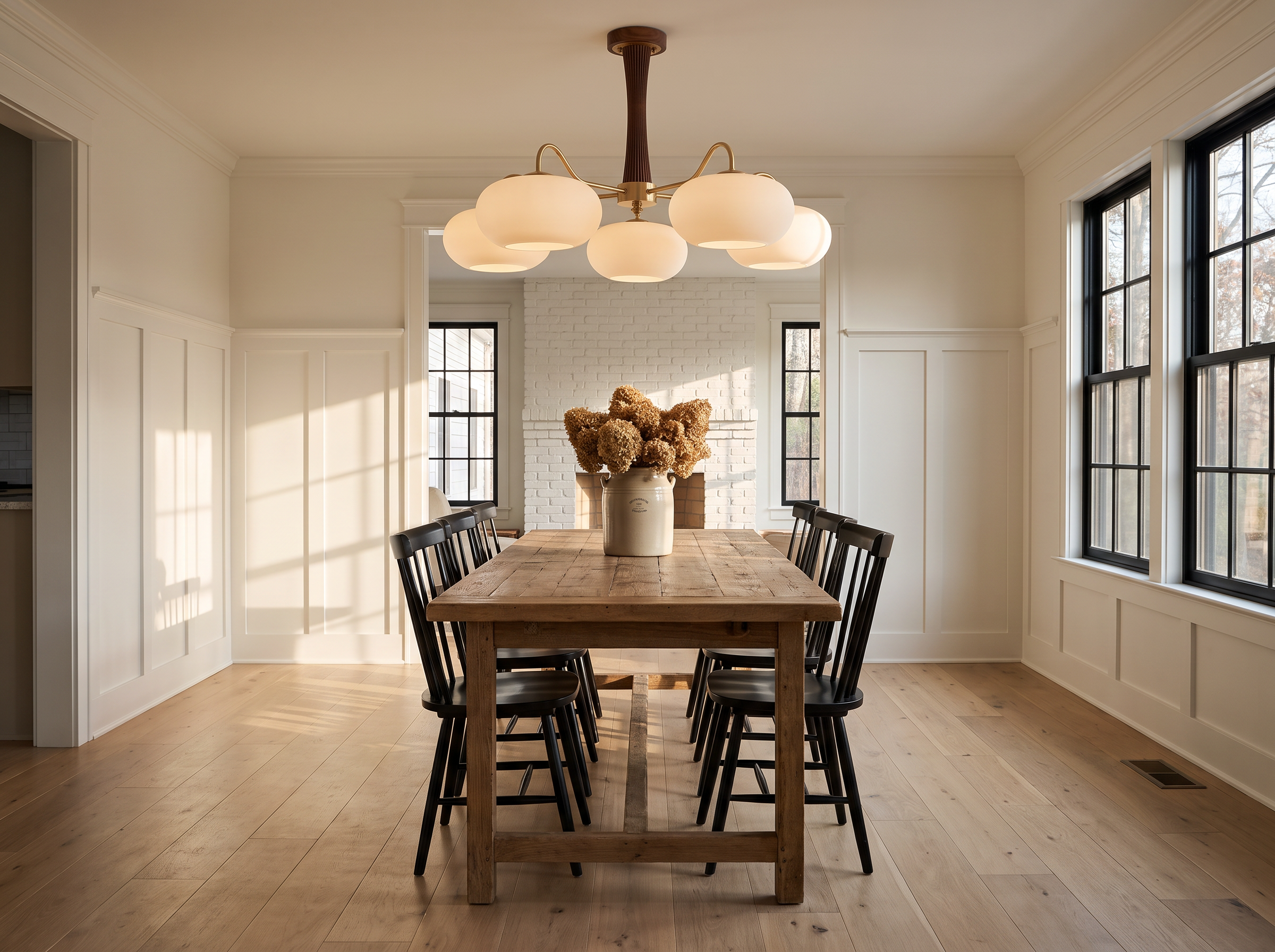 Dining room with Brass Wooden Persimmon Chandelier