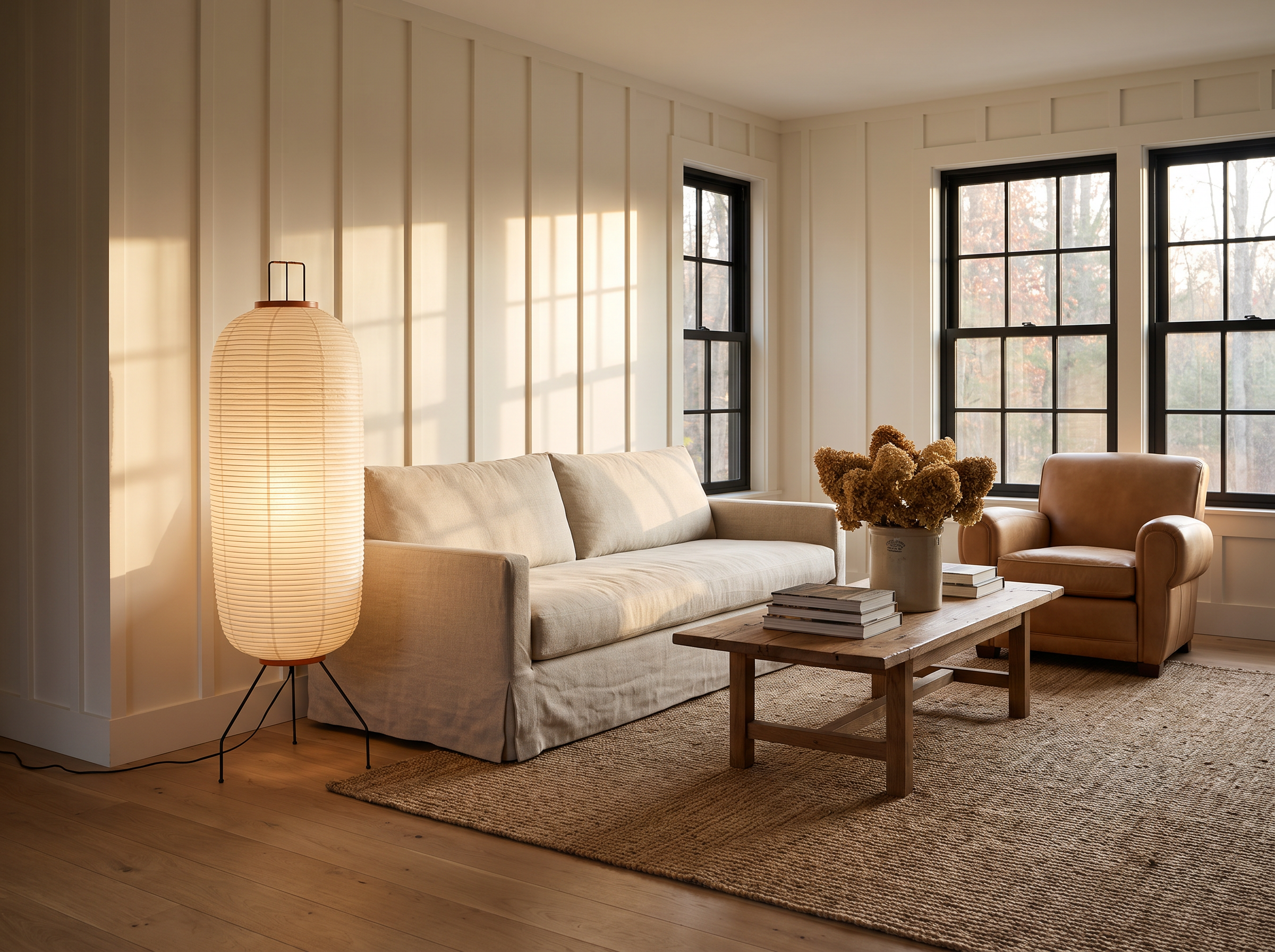 Living room with Rice Paper Floor Lamp