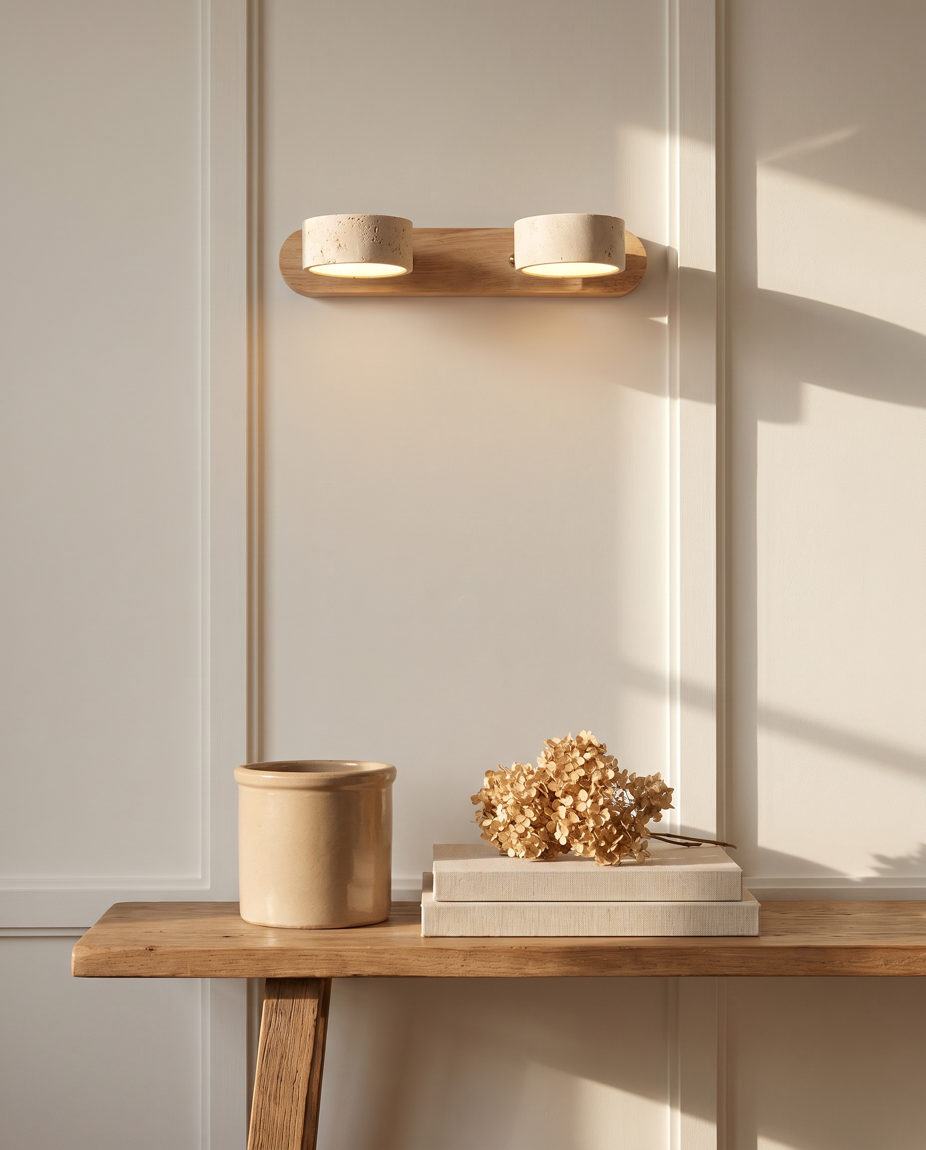 Travertine Duo Wall Light above an oak console