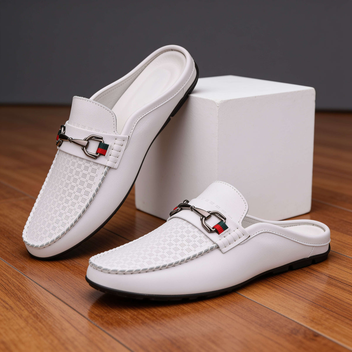 Verrano | Men Leather Mule Loafers With Damier Grid Upper Cushioned Insole And Lined Interior For Summer Evenings