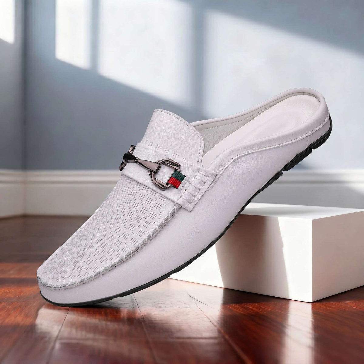 Verrano | Men Leather Mule Loafers With Damier Grid Upper Cushioned Insole And Lined Interior For Summer Evenings