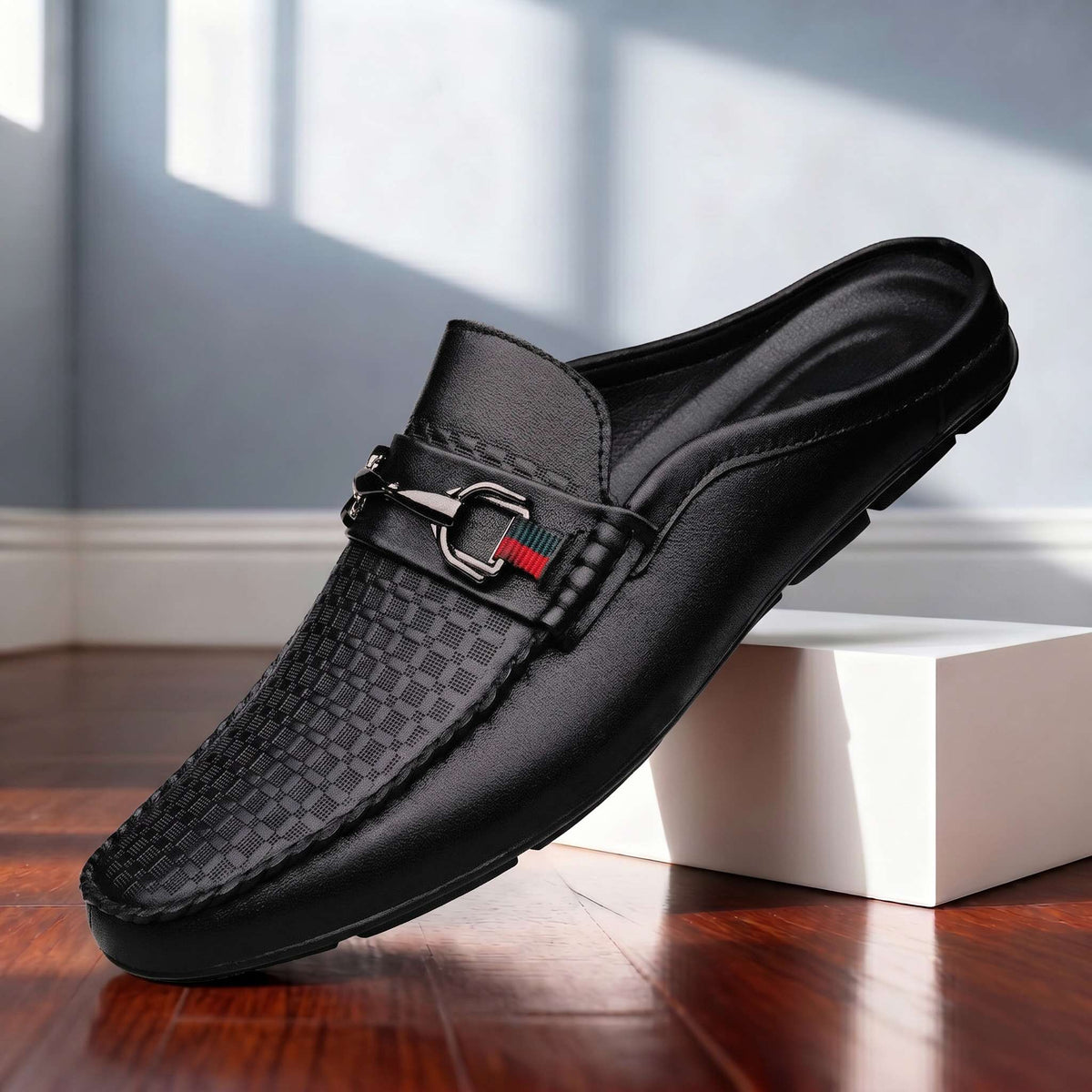 Verrano | Men Leather Mule Loafers With Damier Grid Upper Cushioned Insole And Lined Interior For Summer Evenings