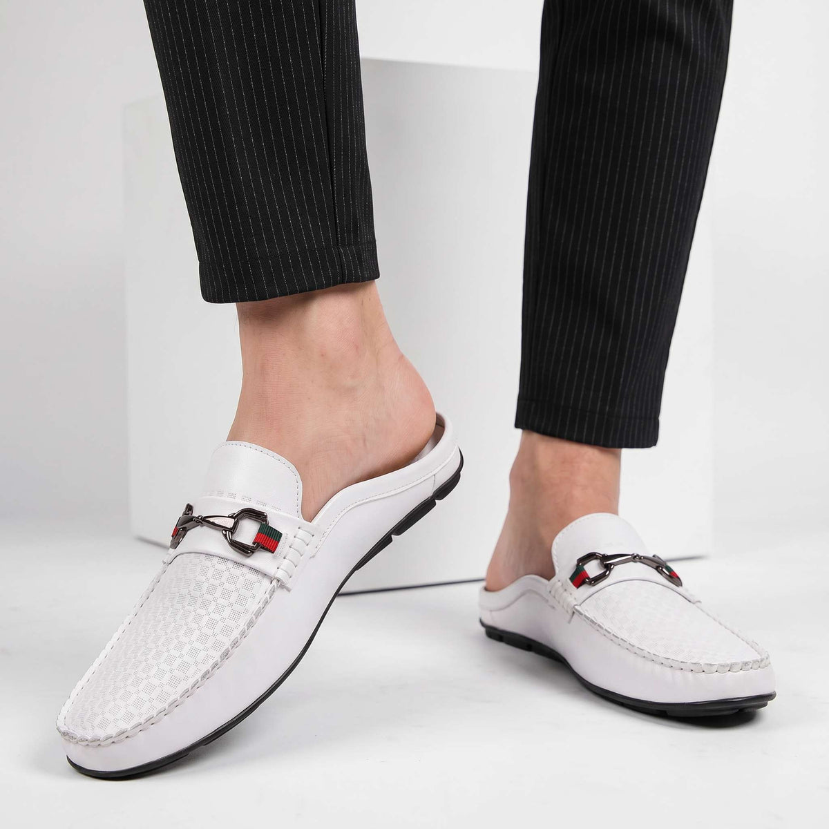 Verrano | Men Leather Mule Loafers With Damier Grid Upper Cushioned Insole And Lined Interior For Summer Evenings