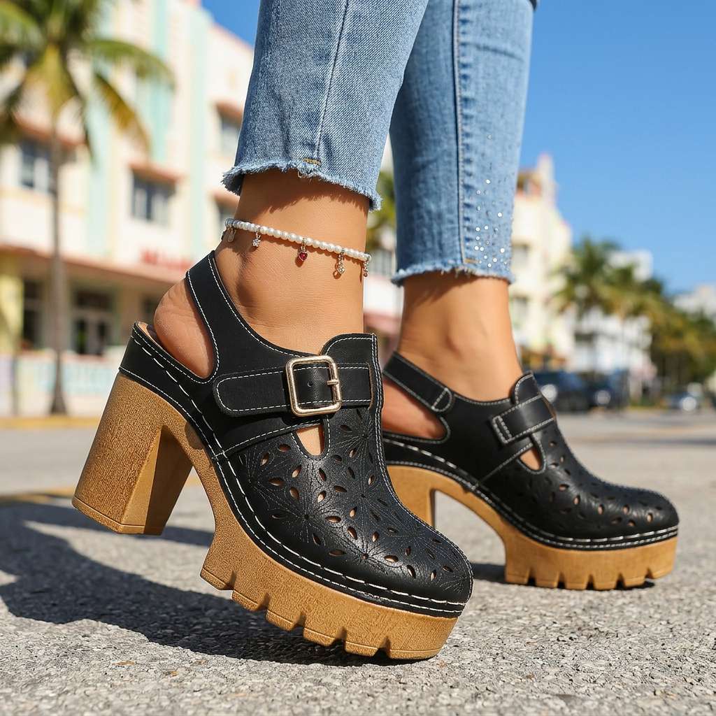 Adeline | Women Platform Clogs With Floral Cutout And Buckle Strap