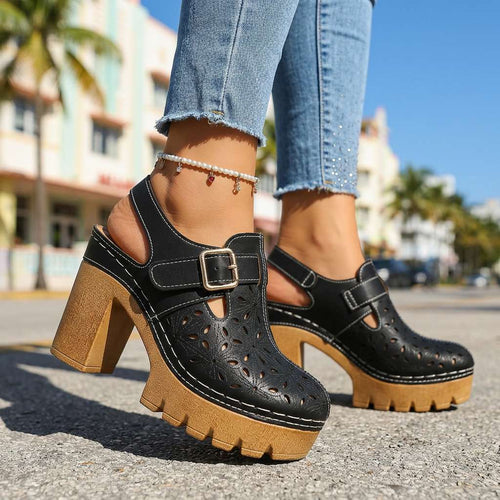 Adeline | Women Platform Clogs With Floral Cutout And Buckle Strap