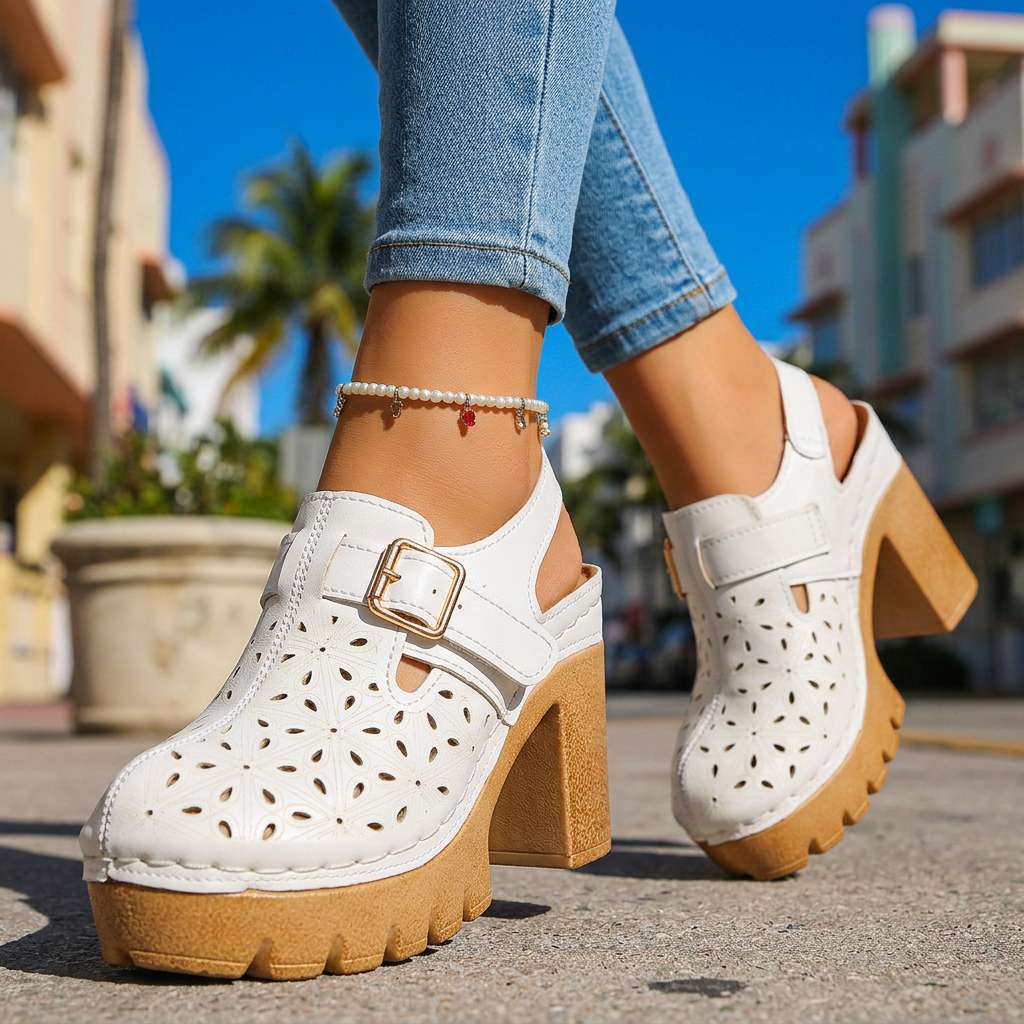 Adeline | Women Platform Clogs With Floral Cutout And Buckle Strap