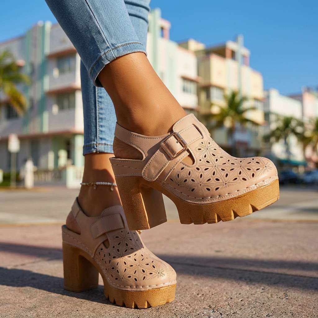 Adeline | Women Platform Clogs With Floral Cutout And Buckle Strap