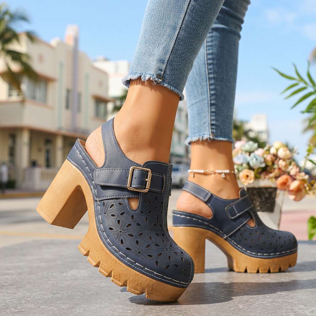 Adeline | Women Platform Clogs With Floral Cutout And Buckle Strap