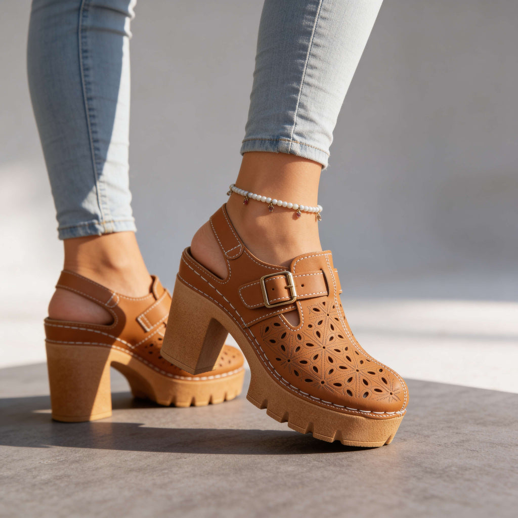 Adeline | Women Platform Clogs With Floral Cutout And Buckle Strap