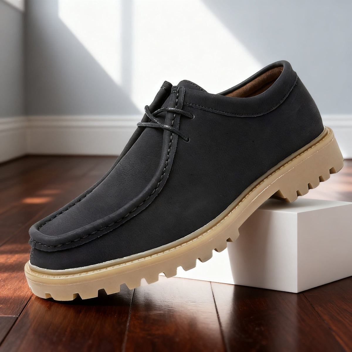 Mason | Men Leather Lace Up Moc Toe Shoes With Padded Interior Apron Stitching And Deep Tread Sole For Daily Wear