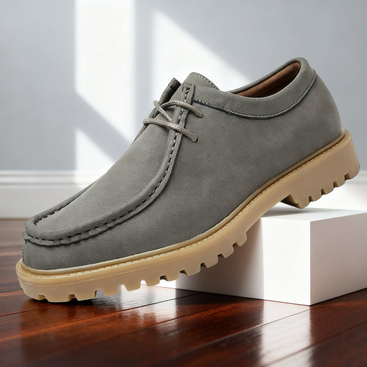 Mason | Men Leather Lace Up Moc Toe Shoes With Padded Interior Apron Stitching And Deep Tread Sole For Daily Wear