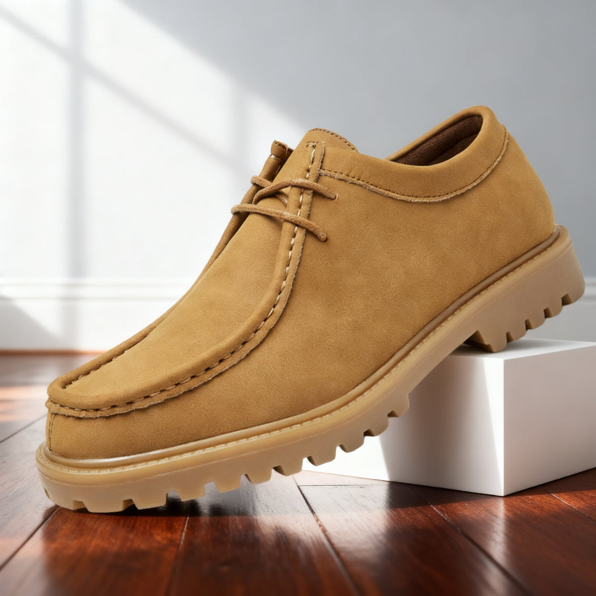 Mason | Men Leather Lace Up Moc Toe Shoes With Padded Interior Apron Stitching And Deep Tread Sole For Daily Wear