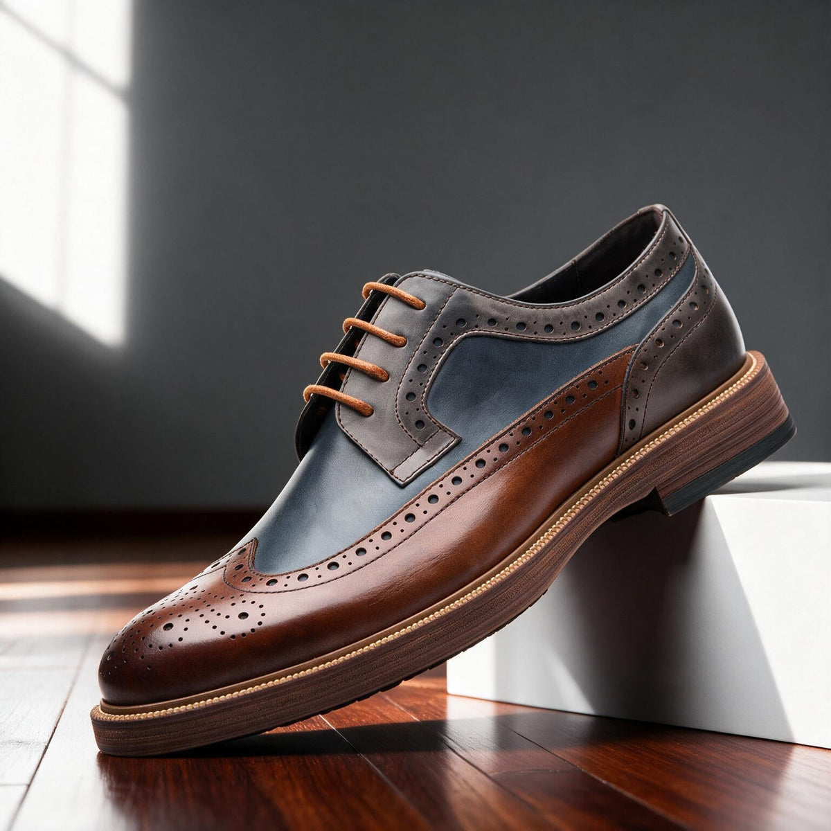 Owen | Men Grained Brogue Derbies With Welt Stitching Reinforced Panels Waxed Laces And Cushioned Interior